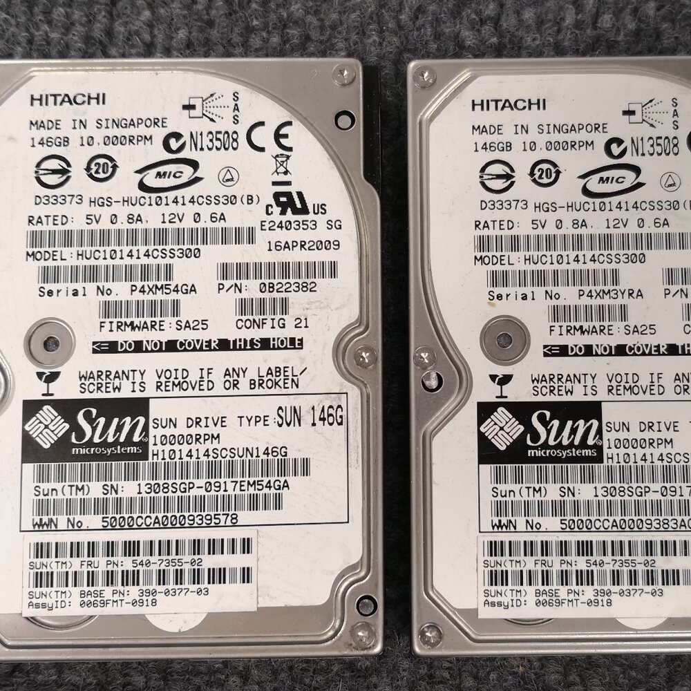 2pc - Hitachi SAS LOT HUC101414CSS300 146GB Hard Drive 10K RPM N13508 SUN 6gbspd